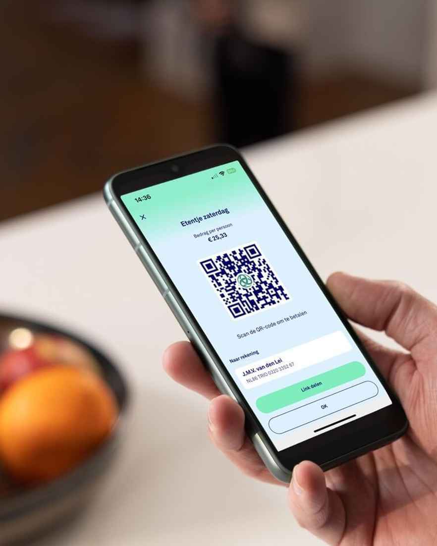 Persoon houdt met één hand een mobiele telefoon vast met daarop een betaalverzoek.