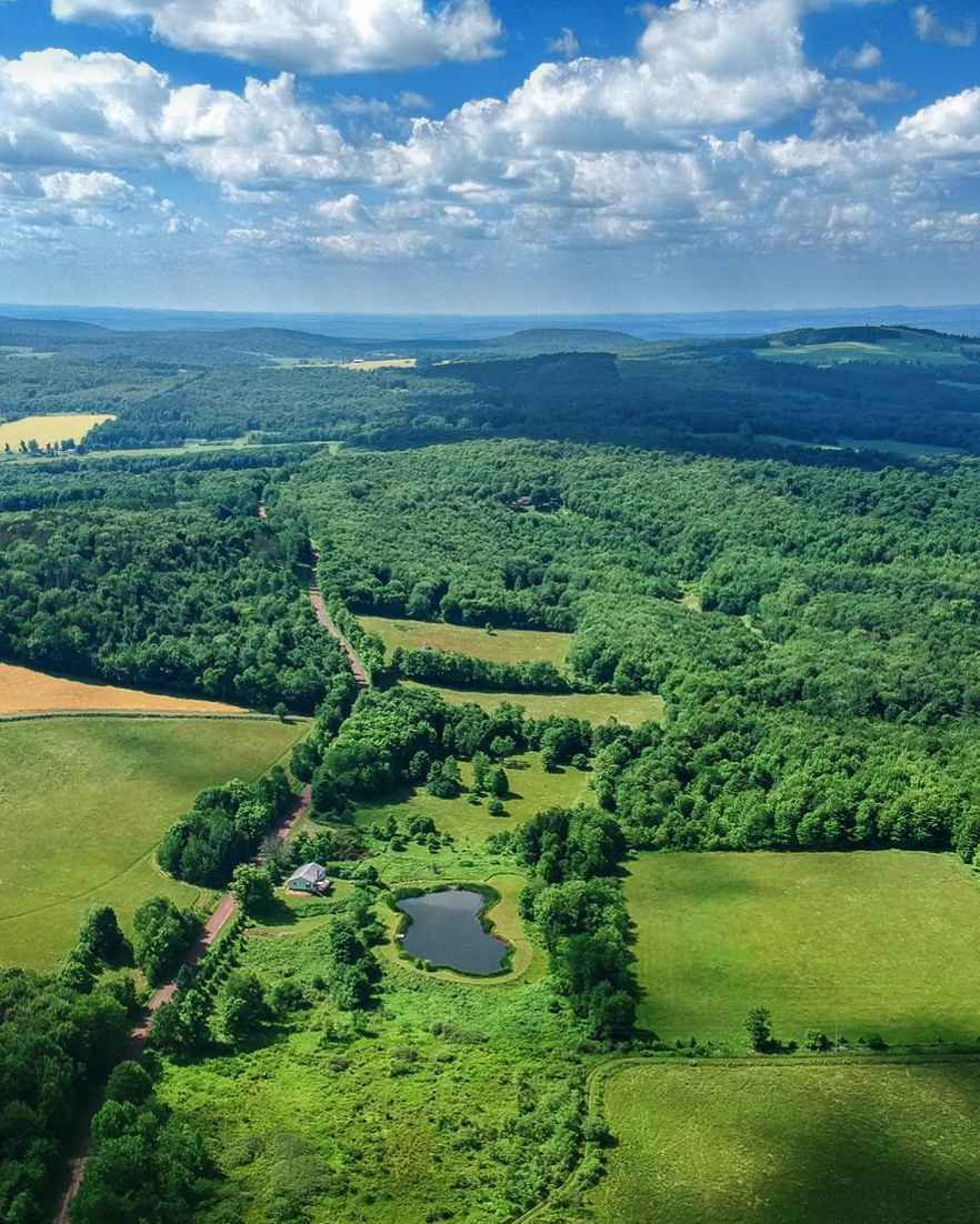 Luchtfoto van een uitgestrekt landschap met bossen, velden en heuvels.