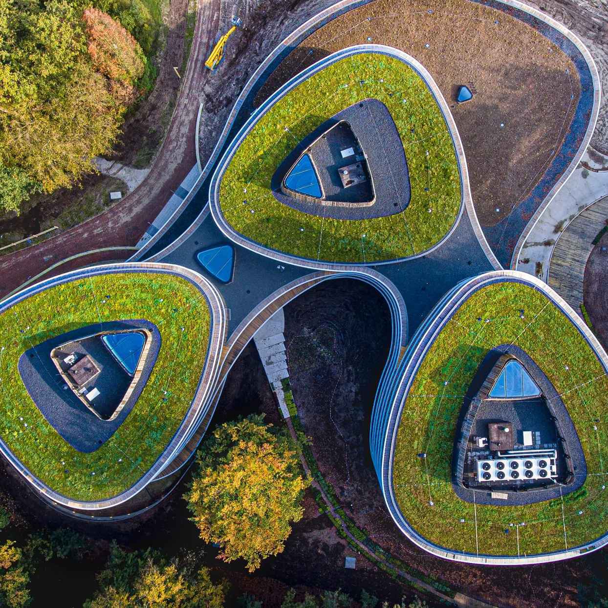 Luchtfoto van het dak van het Triodos Bank gebouw, omgeven door groen.
