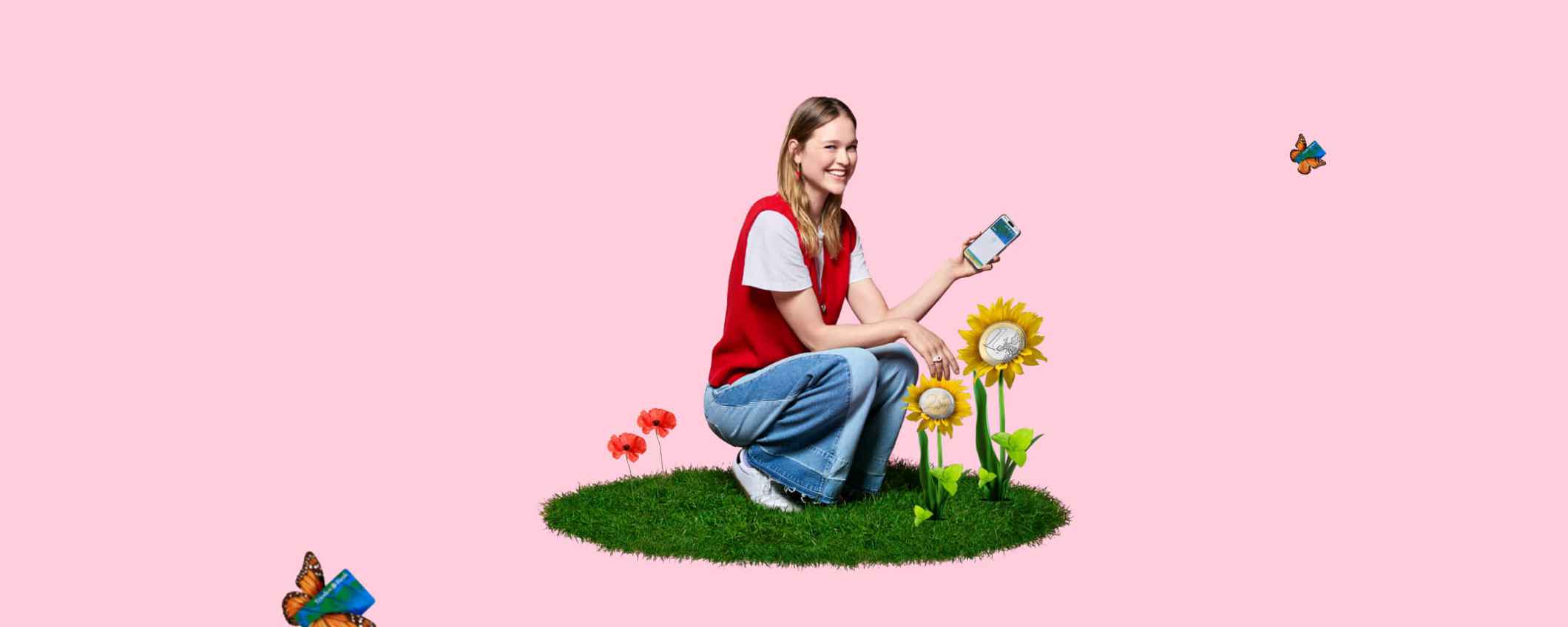 Een persoon zit op een grasveld met kleurrijke bloemen, houdt een telefoon vast en om hen heen vliegen vlinders.