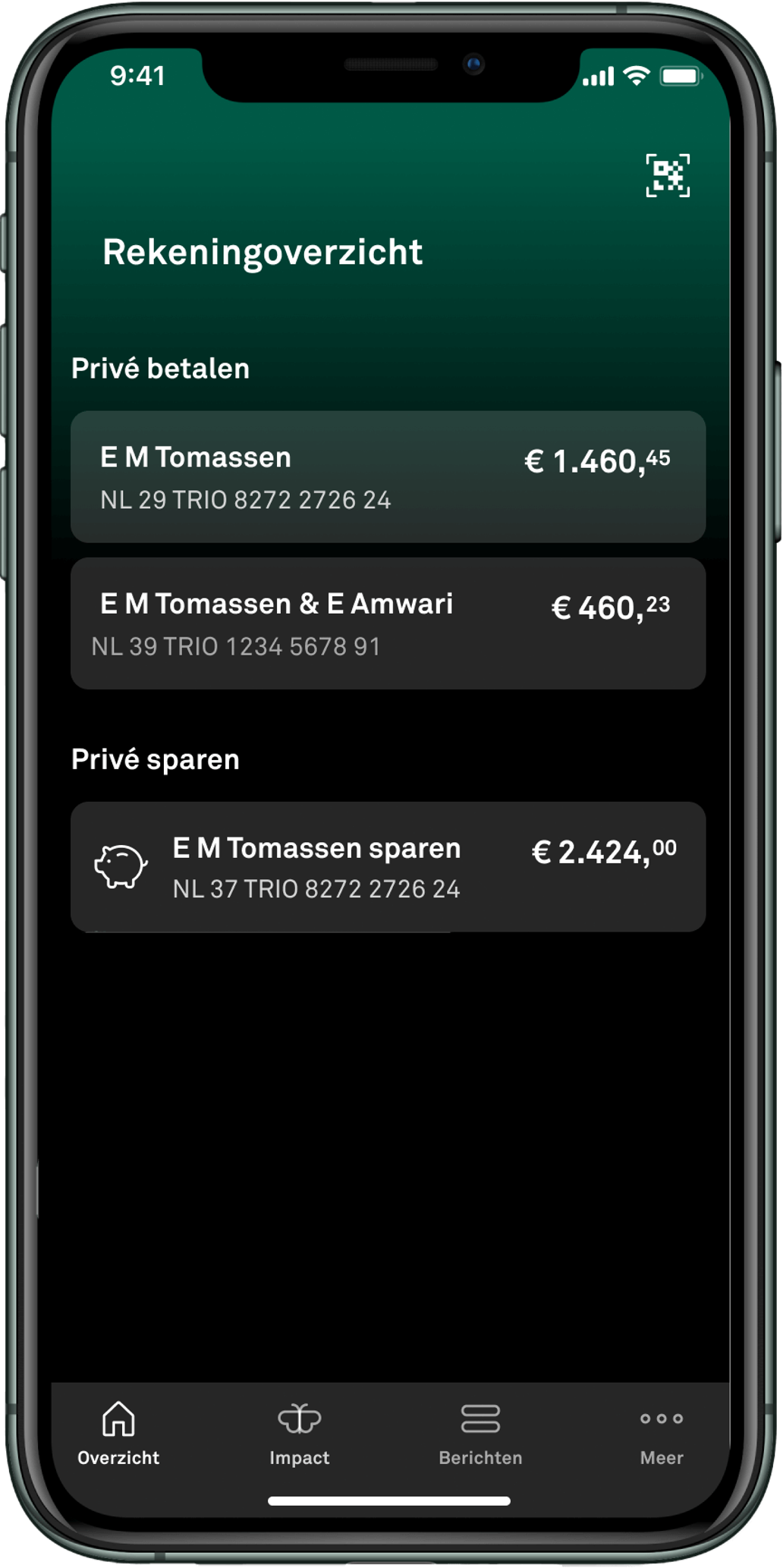 Rekeningoverzicht in donkere modus in de app
