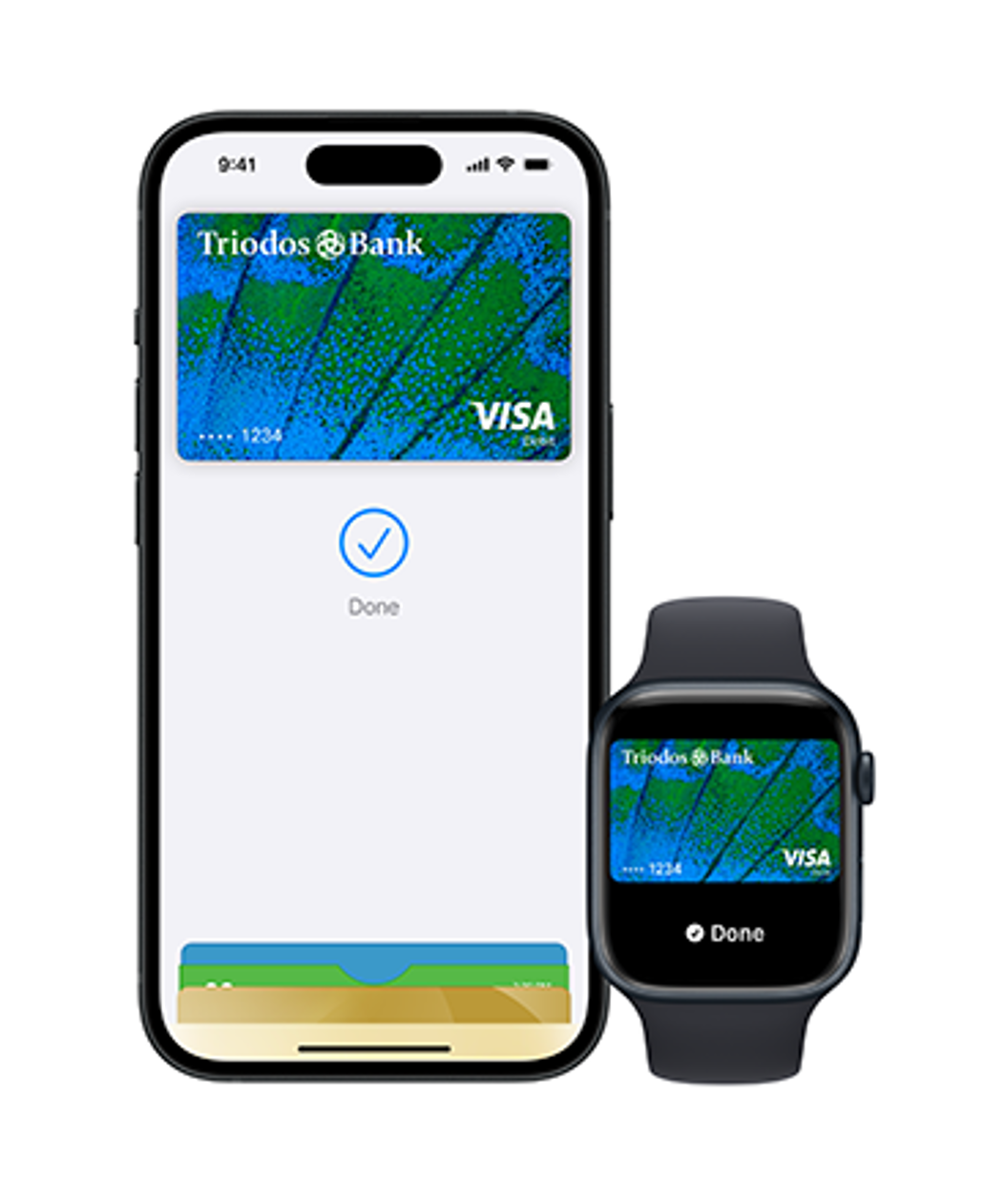 Een smartphone en een smartwatch tonen een digitale Triodos Bank betaalpas van Apple Pay.