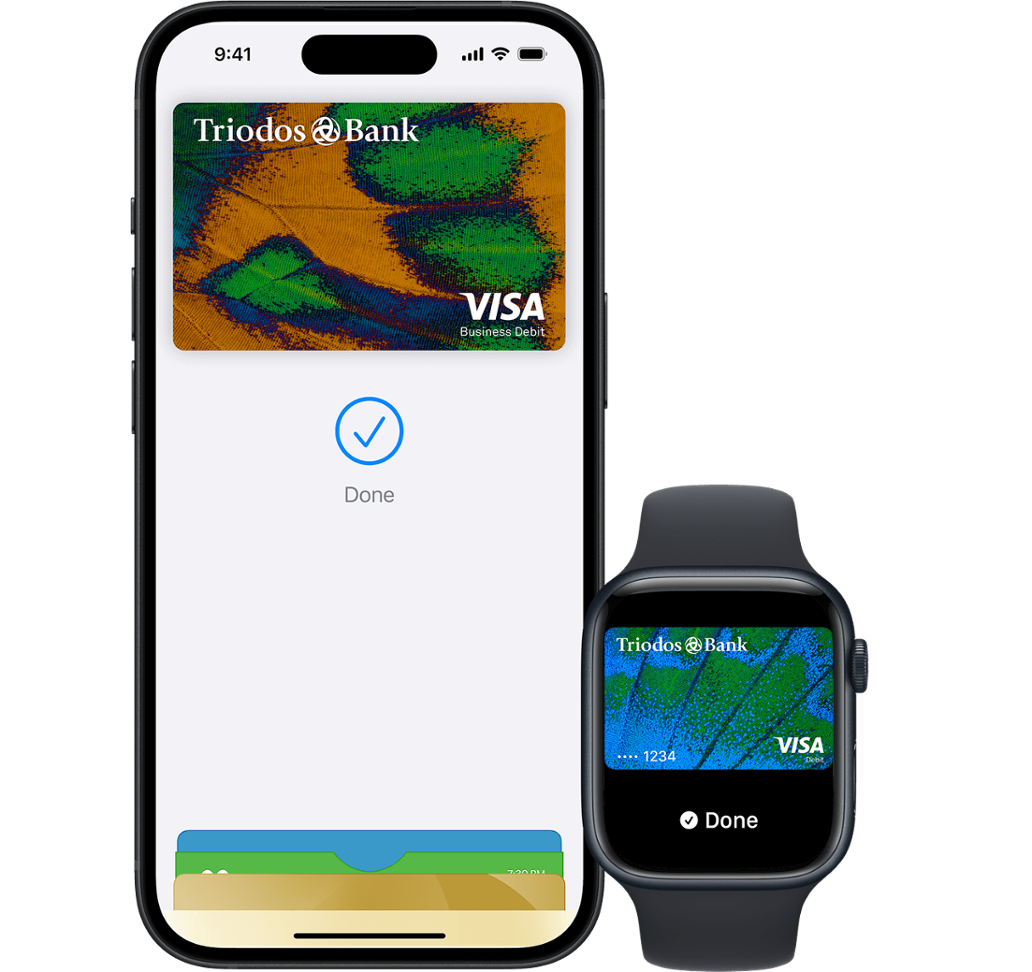 Voorbeeld van zakelijk betalen met Apple Pay op iPhone en Apple Watch