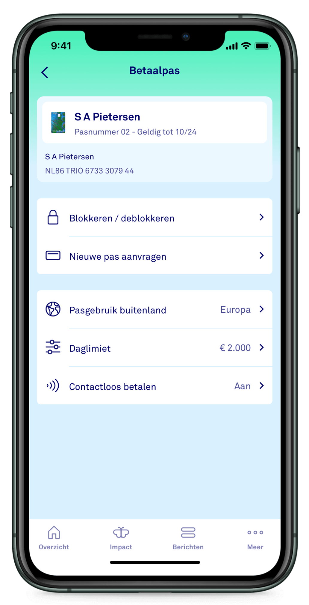 Mobiel scherm toont instellingen van een betaalpas in de Triodos app.