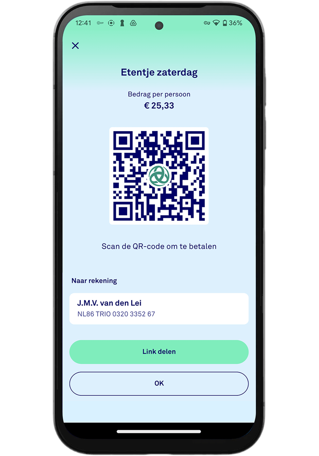 Screenshot van scherm in de Triodos Mobiel Bankieren app, waar je een betaalverzoek deelt via een QR-code of verstuurt via een link