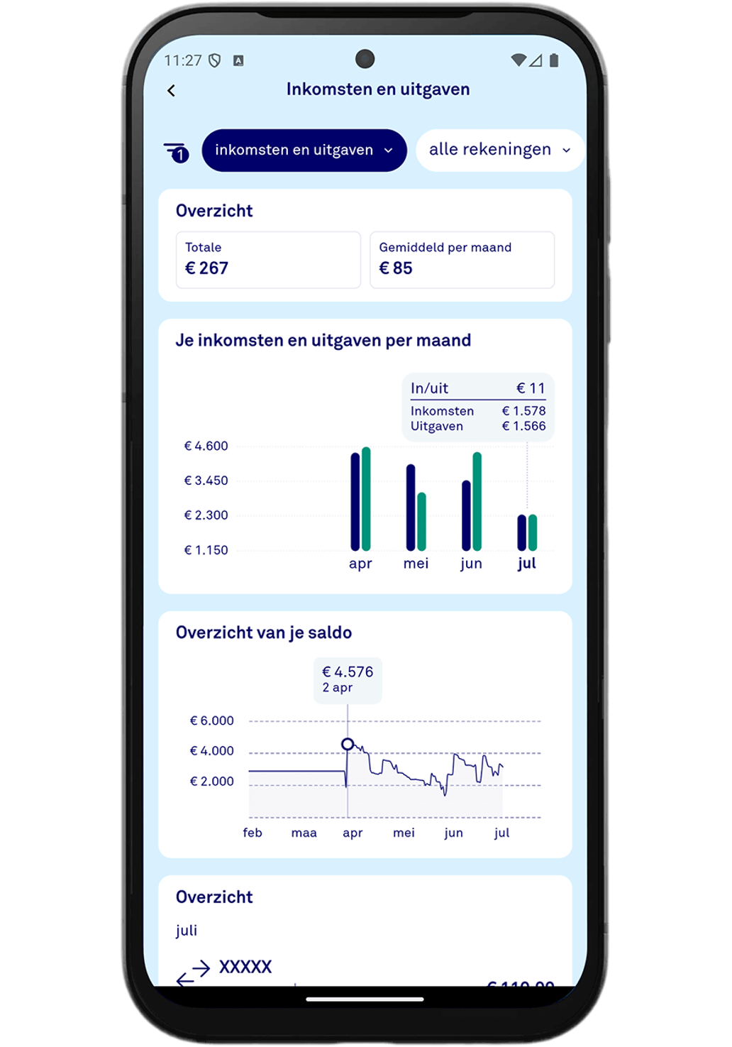 Screenshot van scherm in de Triodos Mobiel Bankieren app, waar je met Inzicht een overzicht hebt van je inkomsten en uitgaven