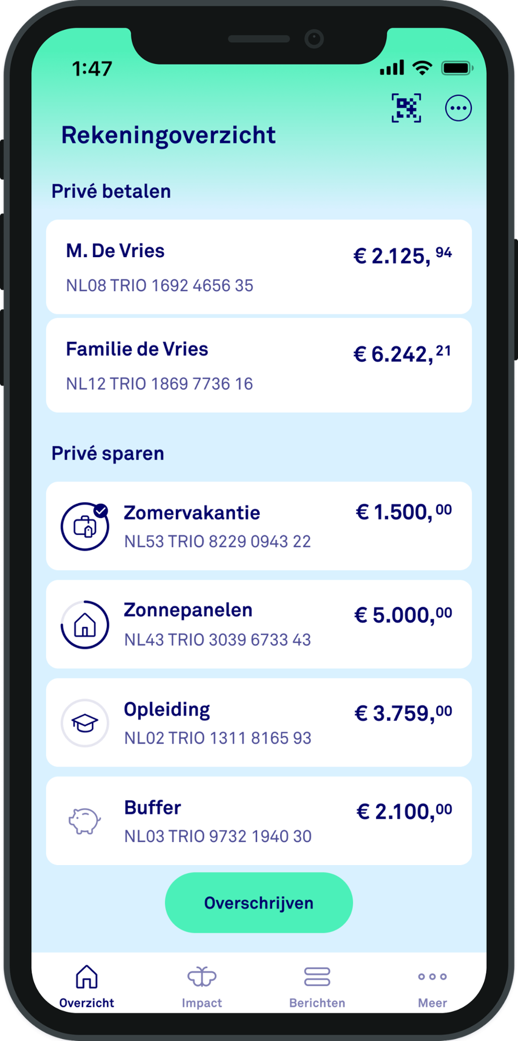 Een mobiele telefoon waarop voorbeelden van verschillende spaardoelen worden weergegeven.