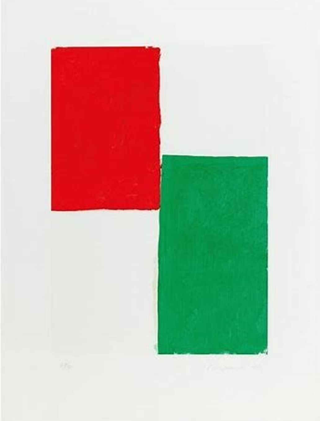 Kunstwerk van Duitse kunstenaar Blinky Palermo: een rode en een groene rechthoek op een wit canvas.