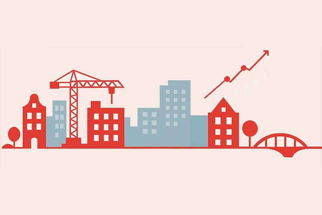 Illustratie van een stad met huizen, gebouwen, een bouwkraan en een brug. Boven de stad loopt een stijgende lijn die groei laat zien.