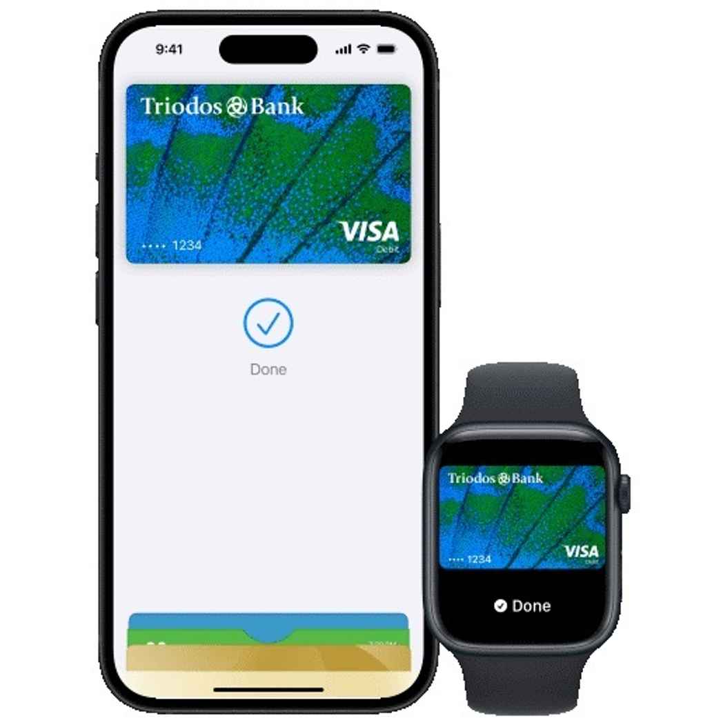 Voorbeeld van Apple Pay op iPhone en Apple Watch