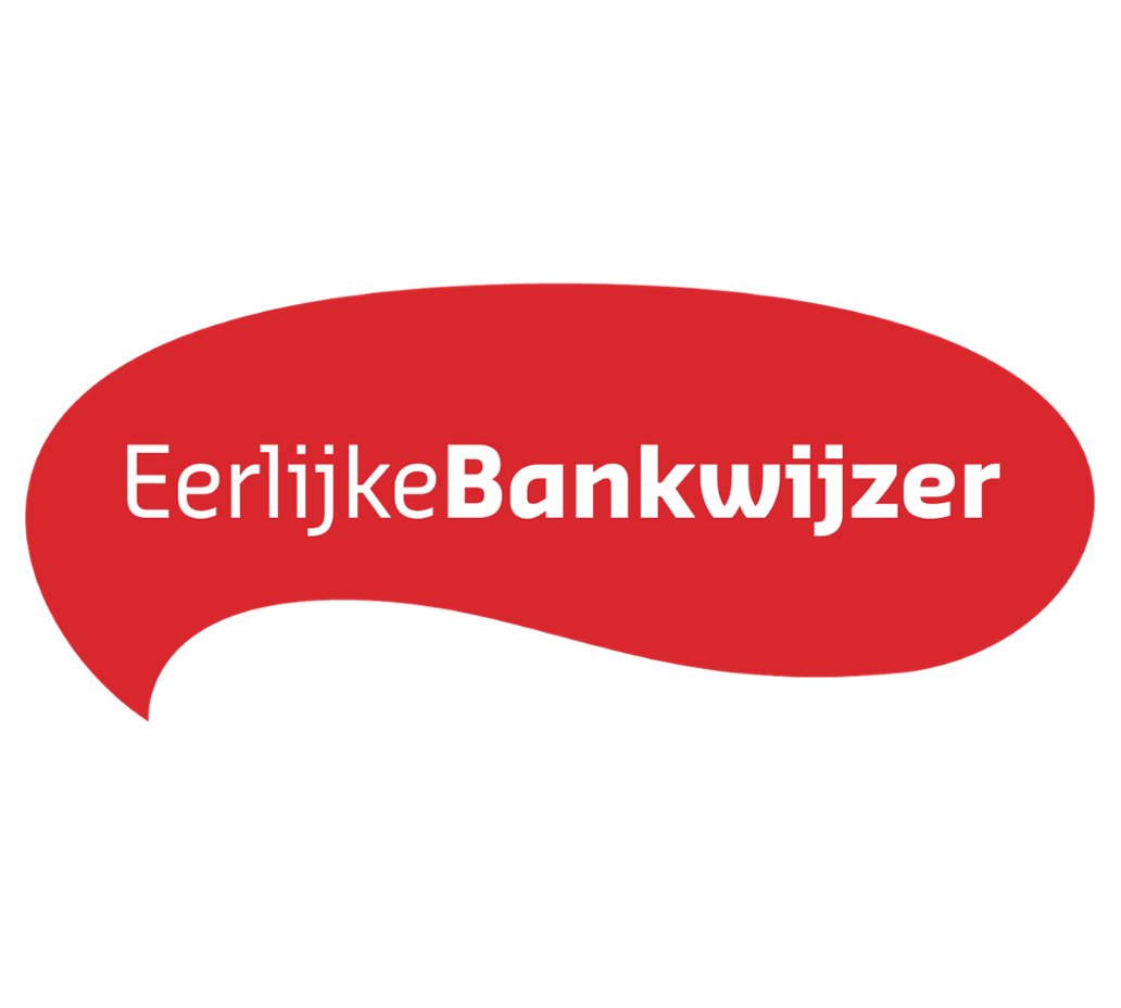 Logo van Eerlijke Bankwijzer in witte letters op een rood vlak.